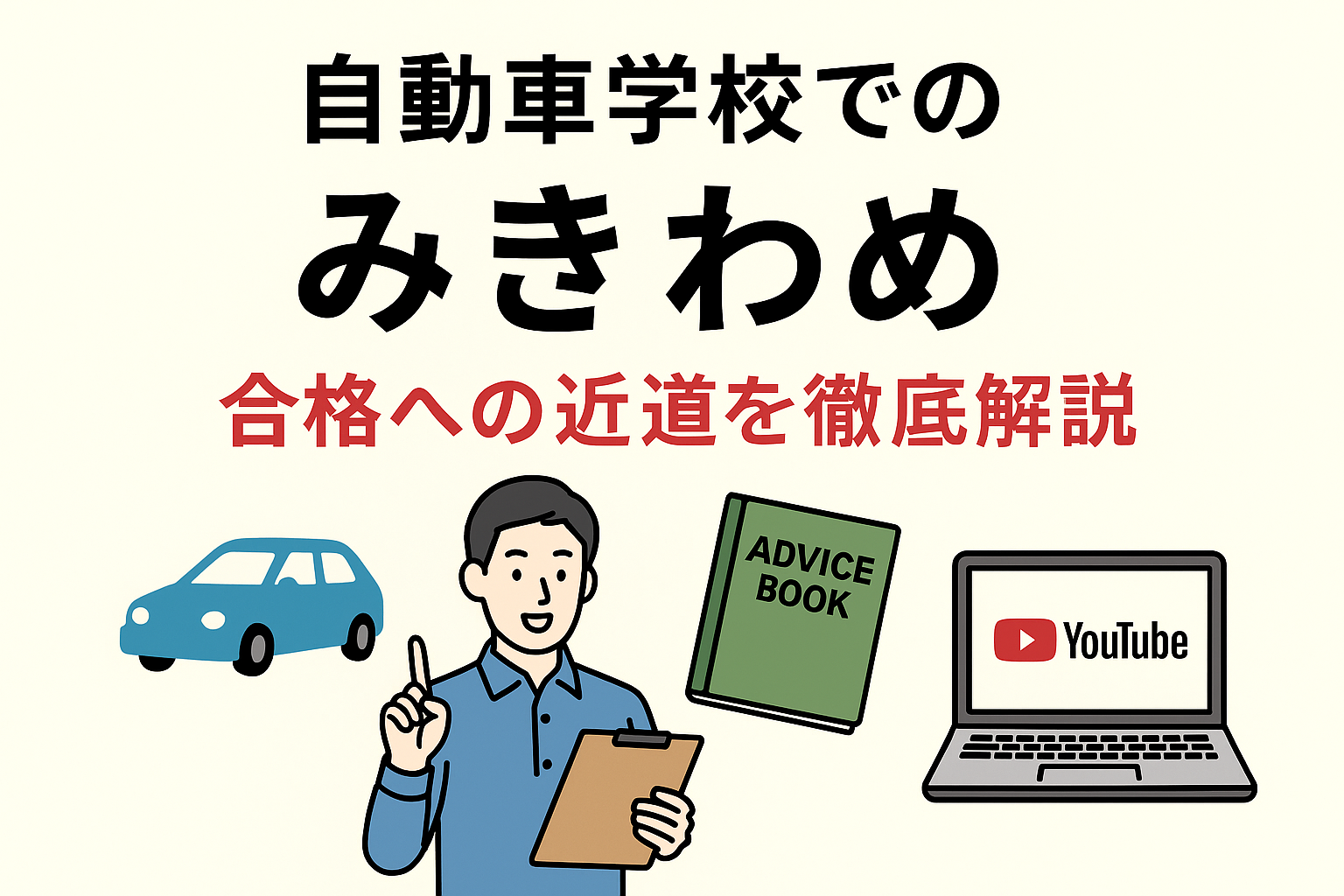 自動車学校のみきわめを解説するアイキャッチ。指導員、アドバイスブック、YouTubeのイラスト付き。
