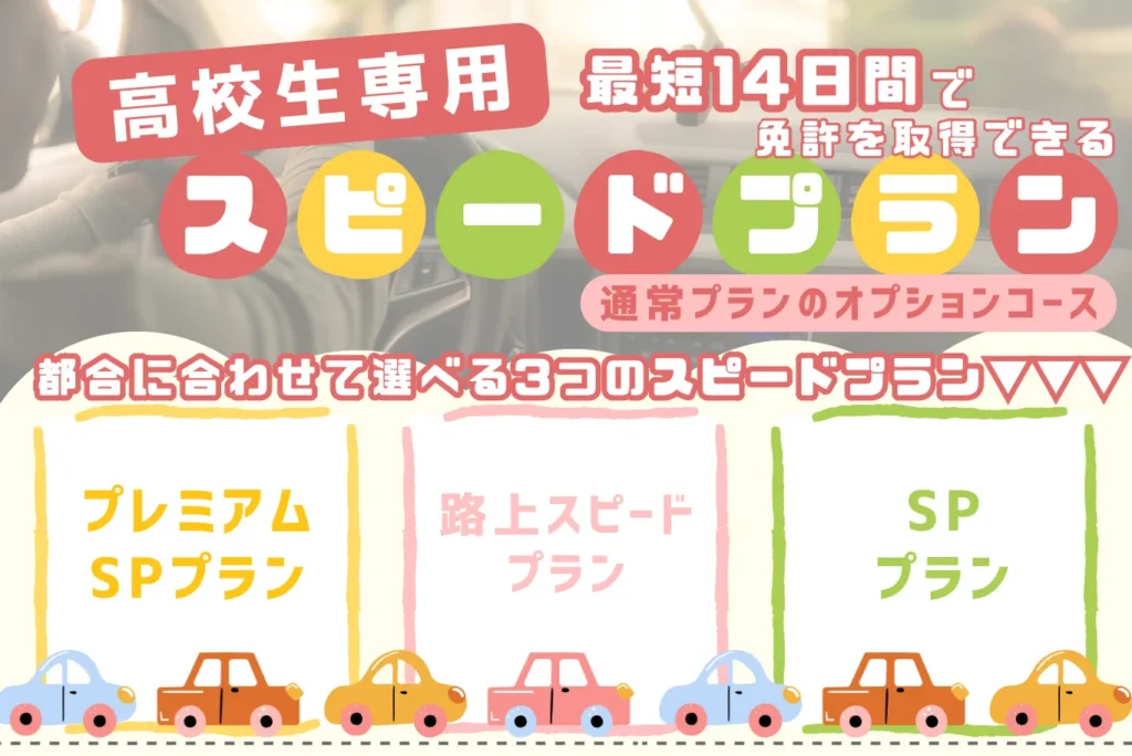 高校生専用スピードプラン最短14日間で免許を取得できる通常プランのオプションコース都合に合わせて選べる３つのスピードプラン　プレミアムSPプラン　路上スピードプラン　SPプラン
