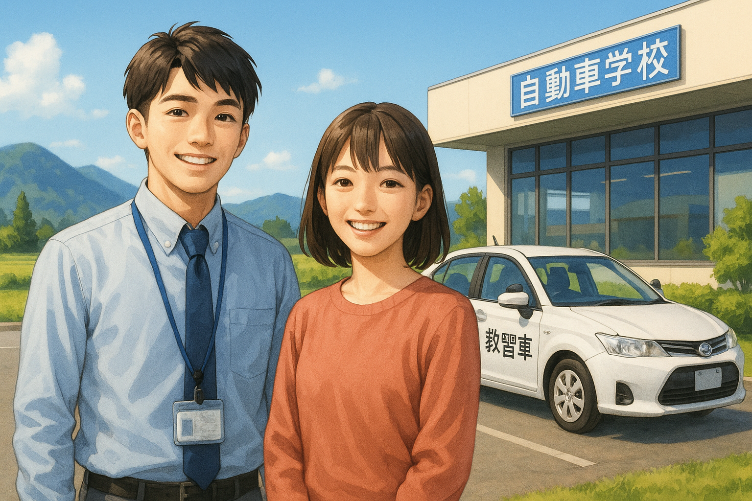 教習車の前で笑顔の若者と都城ドライビングスクールの校舎を描いたリアルなイラスト
