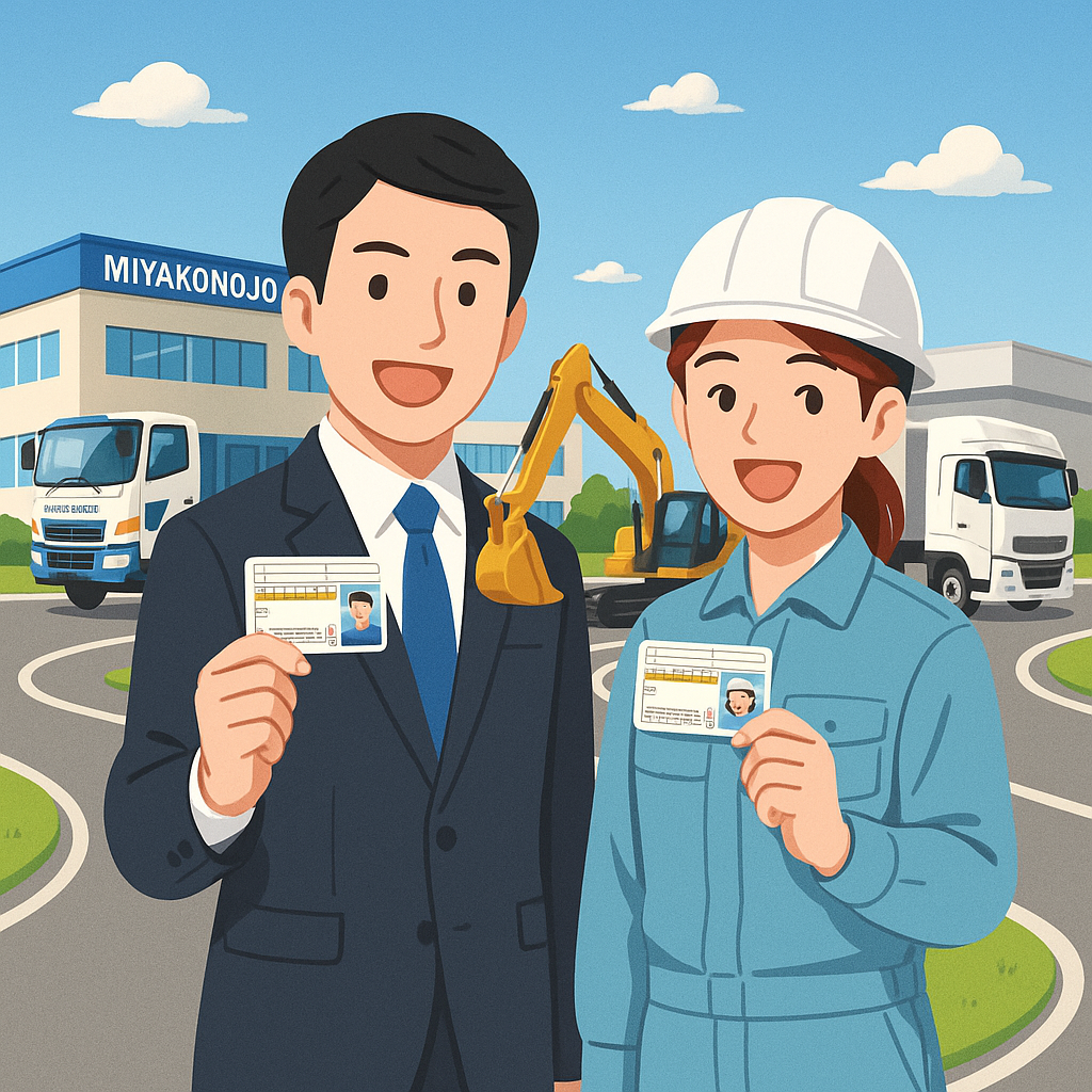 都城ドライビングスクールで教習コースで免許証を掲げる笑顔の男女のイラスト