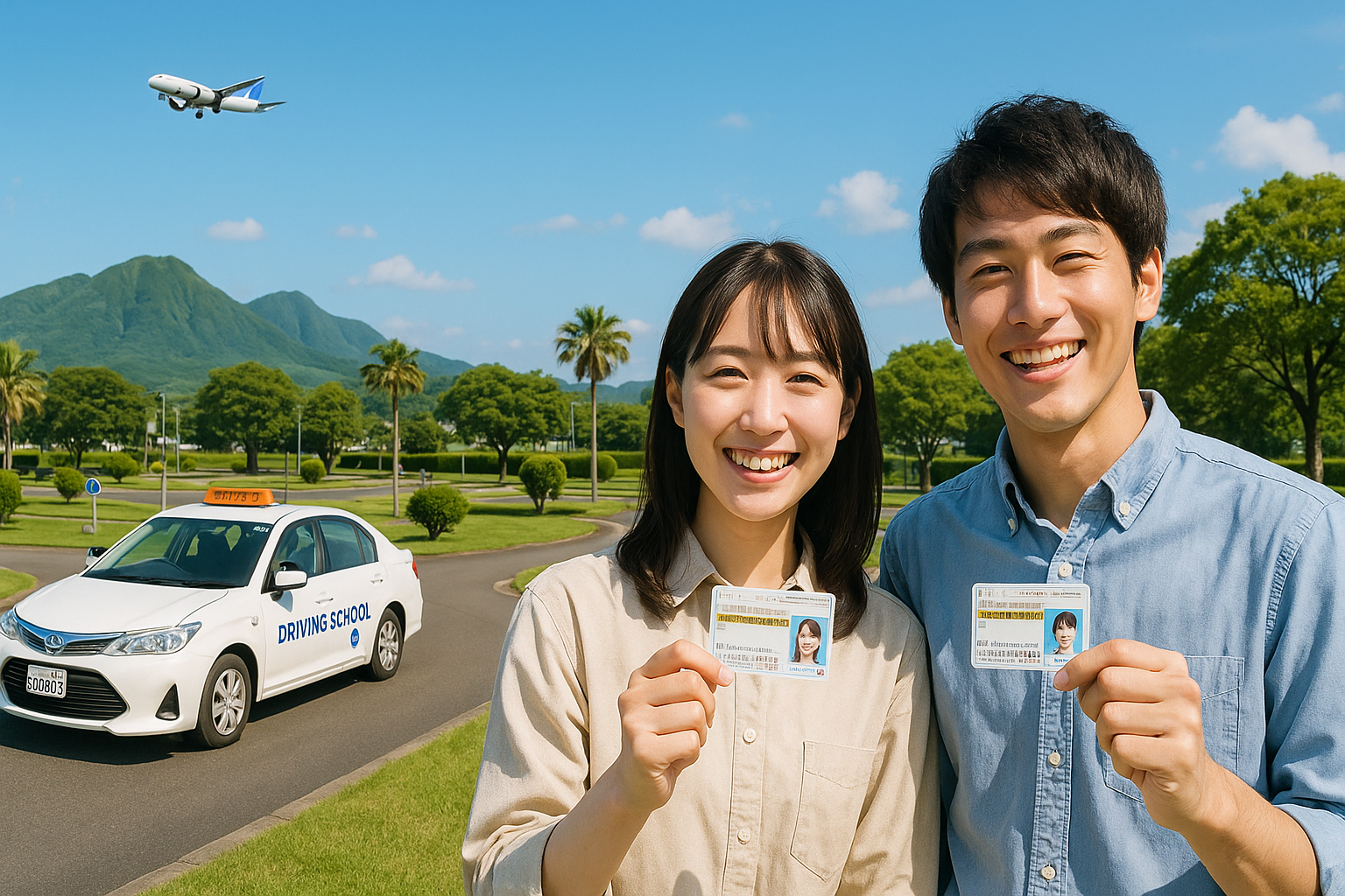 若者が宮崎県都城市のドライビングスクールで合宿免許に参加し、教習車の前で笑顔で記念写真を撮っている様子。背景には青空と南国の山並み、飛行機が空を飛ぶ