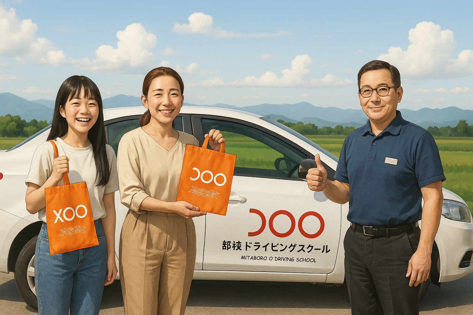 教習車を前に教習生と指導員が笑顔で並んでいる様子