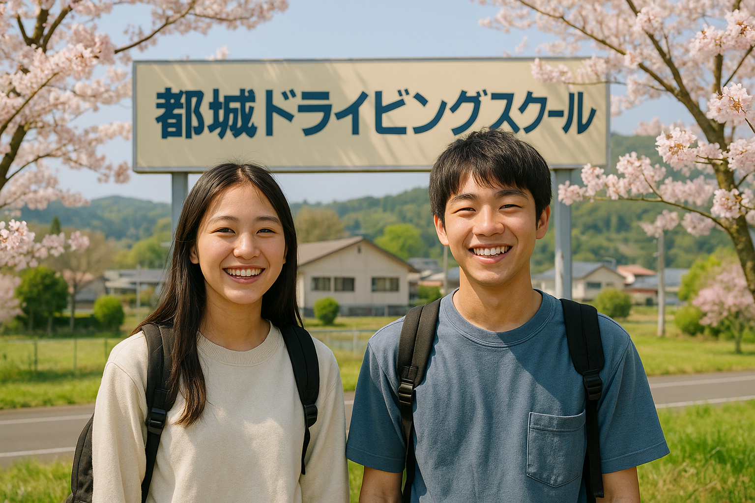 合宿免許に参加する若者たちが、都城ドライビングスクールの前で笑顔で写真を撮っている様子。