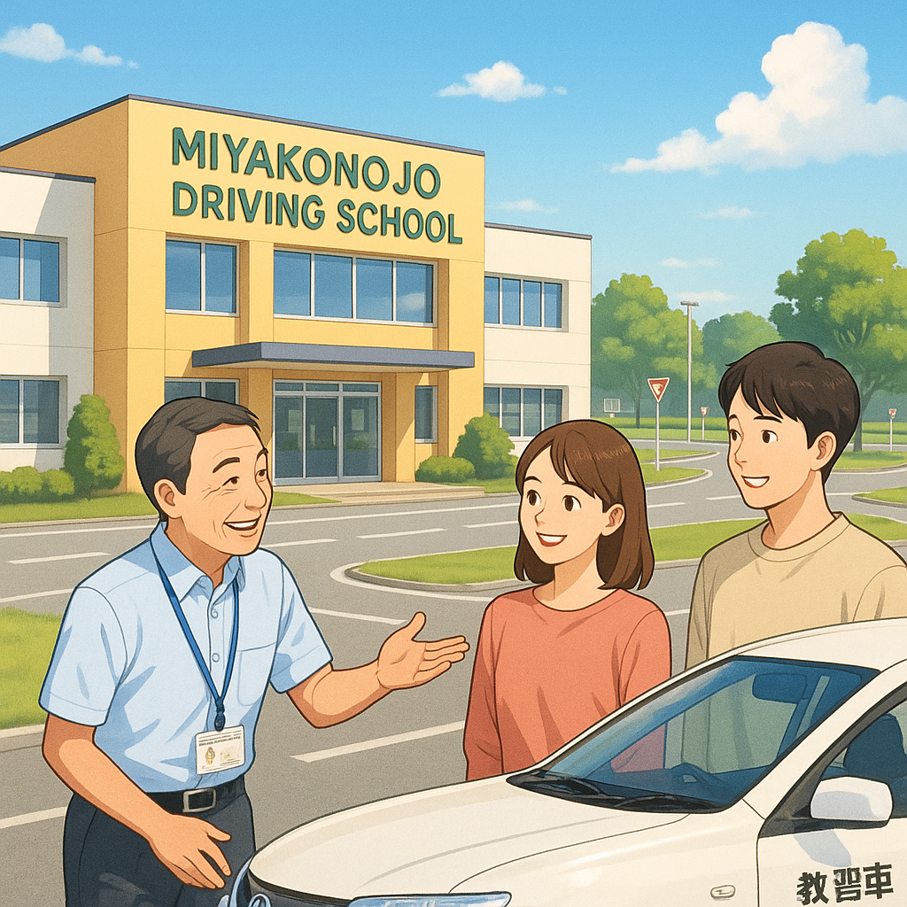 都城ドライビングスクールの教習風景。笑顔の指導員が若い教習生に丁寧に運転指導している様子。広々としたコースと青空、自然に囲まれた安心感のある環境。