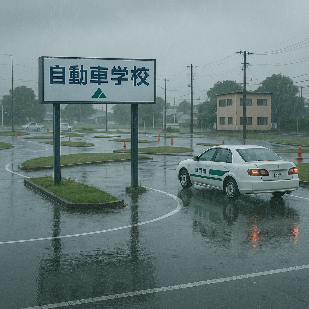 雨の降る中での教習コースで教習を受けている白い普通車の様子