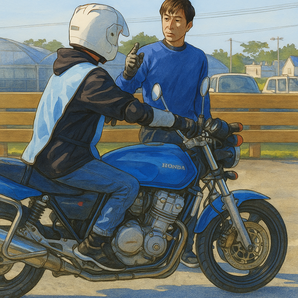 教習所のコースで、バイクにまたがる教習生に指導員が安全指導を行っている様子。