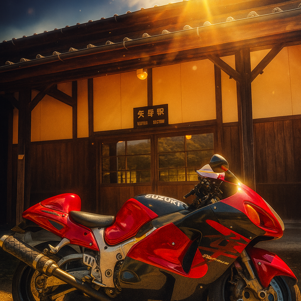 夕暮れの駅前に停車した赤と黒のスズキ製大型バイク。背景は木造の「矢岳駅」。