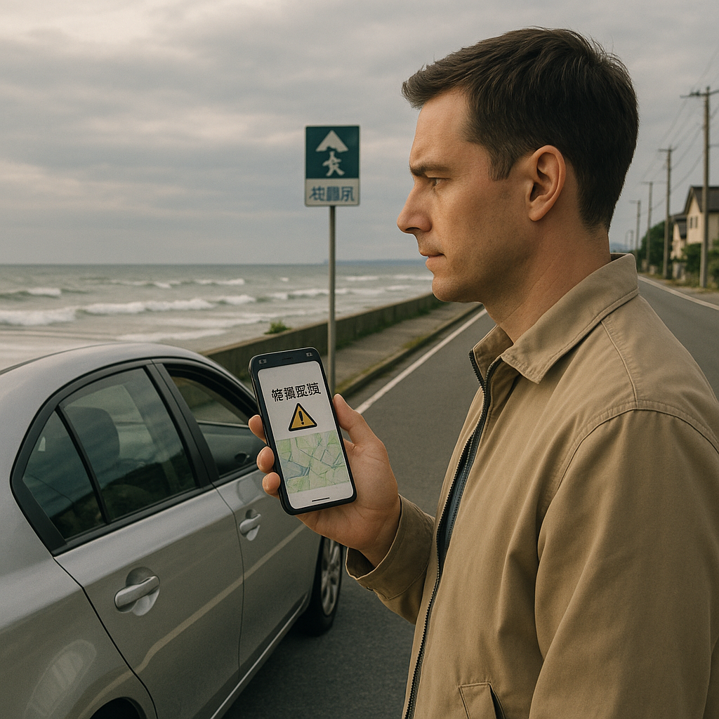 津波警報を受けて車を安全な場所に停車し、避難方向を確認する冷静なドライバーの様子
