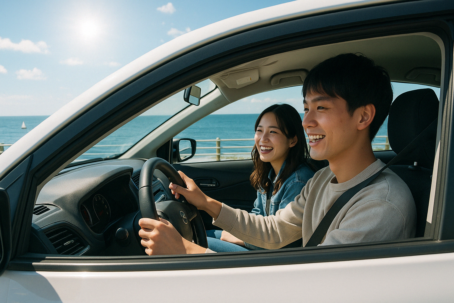 楽しく海沿いの道をドライブしている若い男女の様子