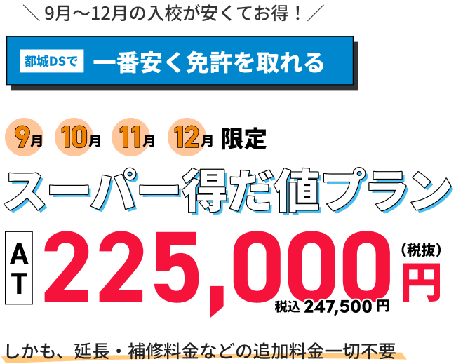 高校生限定！9月～12月の入校が安くてお得！都城DSで一番安く免許を取れるスーパー得だ値プラン。AT車が225,000円！しかも、延長・補修料金などの追加料金一切不要。